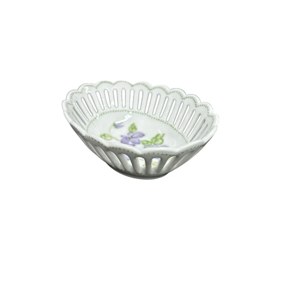 Vintage Andrea by Sadek Oval Reticulated Trinket Dish‎ Purple Floral Porcelain